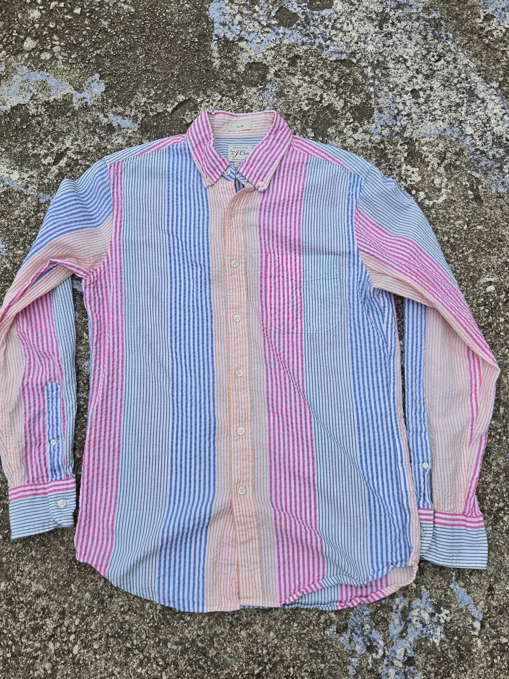 J Crew Seersucker Shirt Mens Small Multicolor Stripe Organic Cotton Slim Preppy